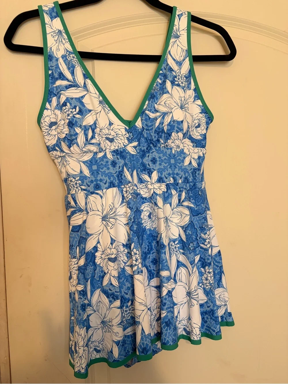 Johnny Was Blue and White Floral One-Piece Swimdress with Green Trim